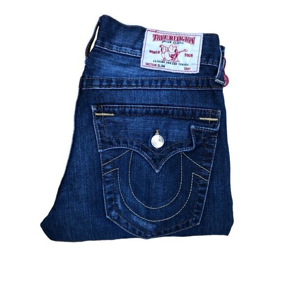 RARE True Religion Jeans Size 32 STRAIGHT Blue - Picture 2 of 7